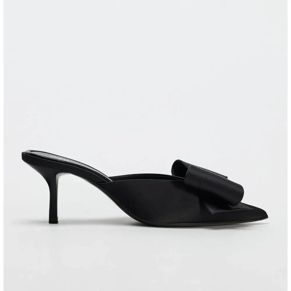 ZARA Black Satin Bow Pearl Slingback Heels NWT Pointed Toe Size 6.5